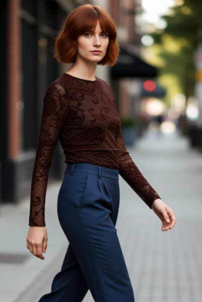 PayBuy Kadın Vücuda Oturan Desenli Tül Uzun Kollu Kayık Yaka Örme Kaliteli Şı...