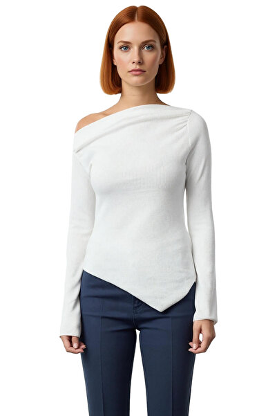 PayBuy Women's Burgundy Draped Boat Neck Asymmetrical Stretchy Long Sleeve Knitted Blouse Ideal for Everyday Outfits