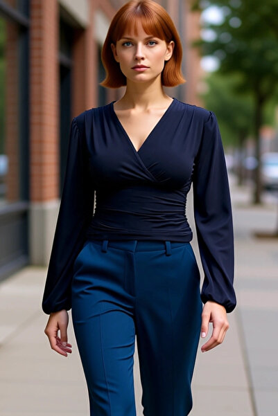 PayBuy Жіноча блузка з V-подібним вирізом, рукавами-ліхтариками, еластичним трикотажем та деталями круазе. Ідеальна для щоденного використання.