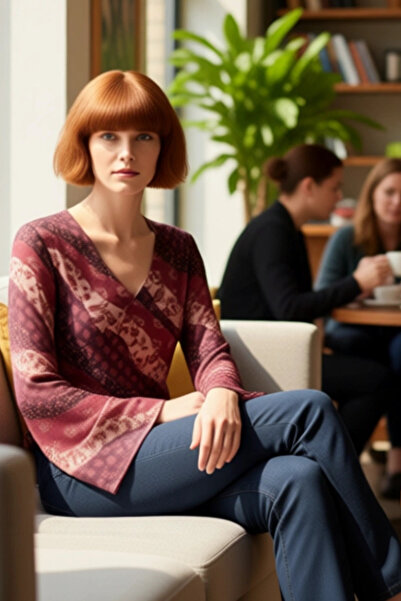 PayBuy Women's Ethnic Patterned V-Neck Spanish Sleeve Stretchy Knitted Blouse Quality Stylish Comfortable Modern Elegant Casual