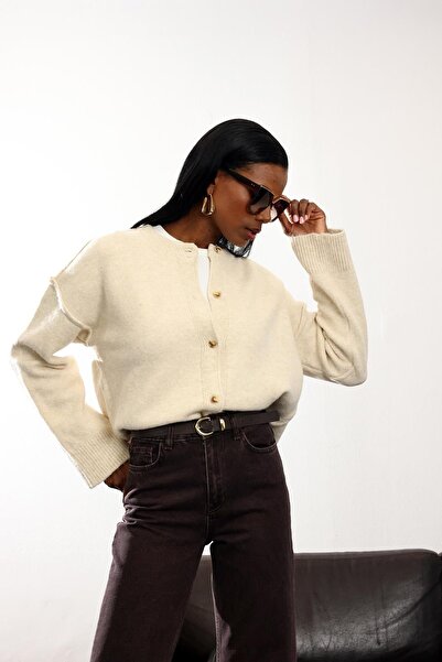 5in1Canpolat Beige Crew Neck Knitwear Cardigan 2554
