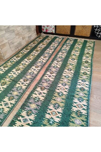 OEM 1+1 Traditional double-sided rug, 60 x 300 cm, green and cream, RUSTIC