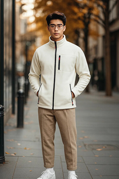 COMBİNE MİCHAİL Erkek Cep Detaylı Premium Beyaz Polar