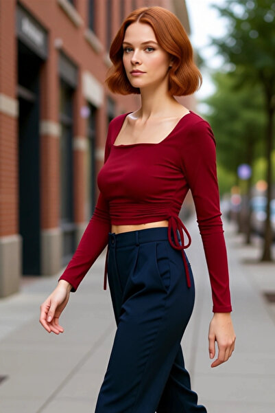 PayBuy Crop cu mânecă lungă cu șnur decolteu pătrat pentru femei din material...