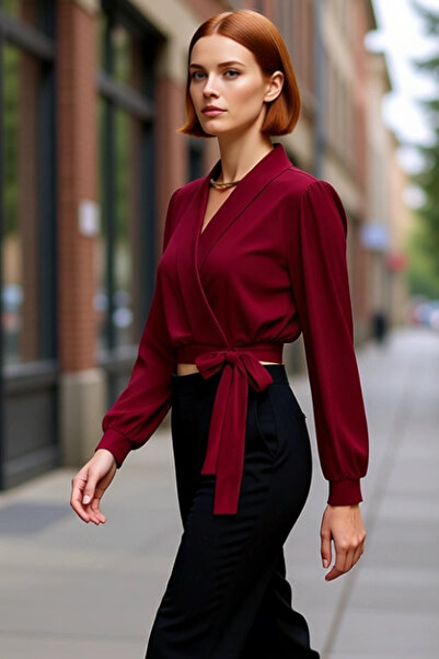 PayBuy Women's Double-Breasted V-Neck Long Sleeve Crop Blouse Stretchy Knitted Fabric Smart Cut Spring Autumn