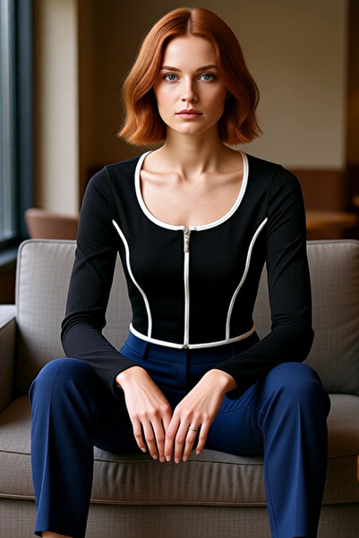 PayBuy Women's Color Block Ottoman Knitted Crop Blouse Zippered Pool Collar Standard Sleeve Daily Use