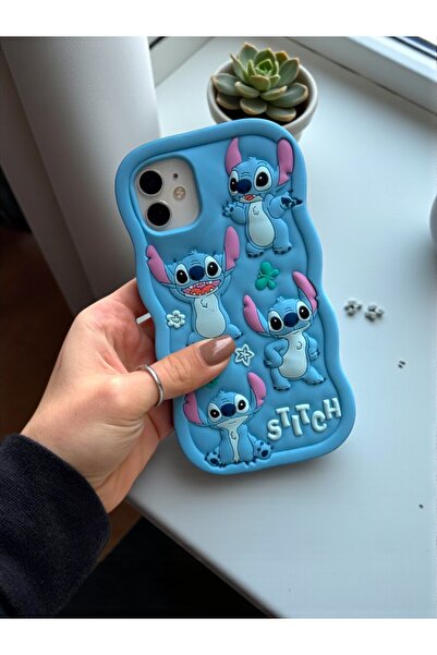 KVK PRİVACY iPhone 11 Uyumlu Stitch Desenli Kabartmalı Sevimli Silikon Kılıf