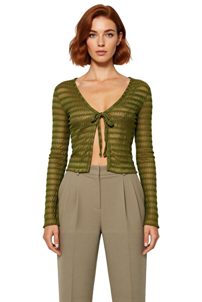 PayBuy Women's Textured V-Neck Tie Detail Stretchy Knitted Crop High Quality Stylish Comfortable Modern Elegant Casual