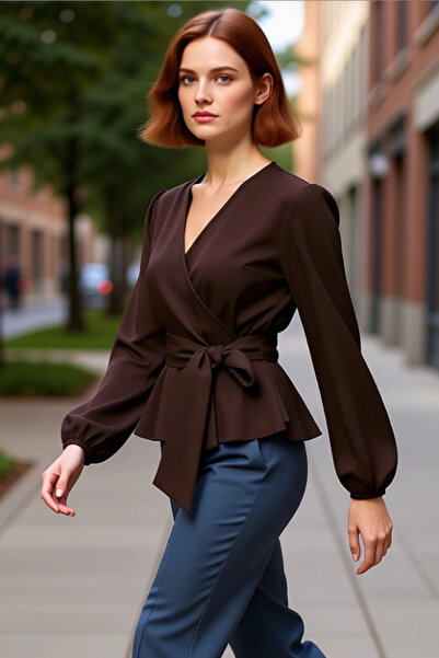 PayBuy Γυναικεία εκρού διπλό πέτο με λεπτομέρεια με κορδόνια με λαιμόκοψη σε σχήμα V με υφαντό μπλουζάκι με μανίκια μπαλόνι για χειμερινή επαγγελματική χρήση