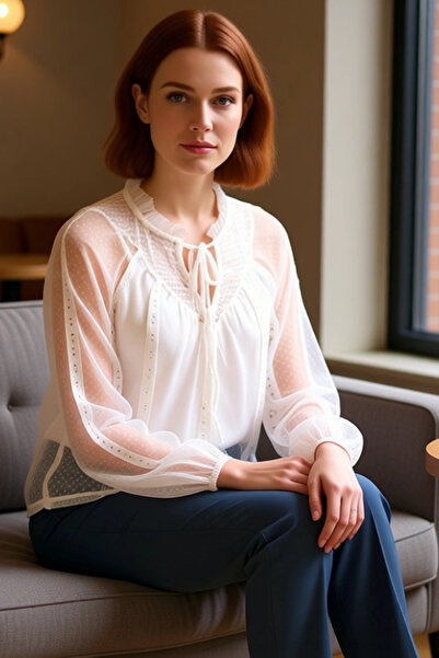 PayBuy Women's Crew Neck Tulle Detailed Embroidered Long Sleeve Woven Blouse Quality Stylish Comfortable Modern Elegant