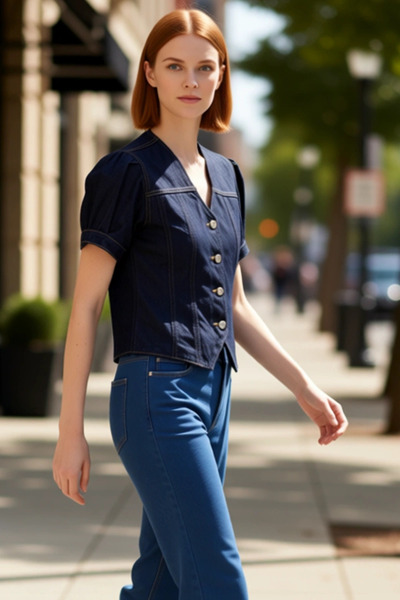 PayBuy V-Neck Short Balloon Sleeve Denim Blouse Women's Clothing Quality Stylish Comfortable Modern Elegant Casual