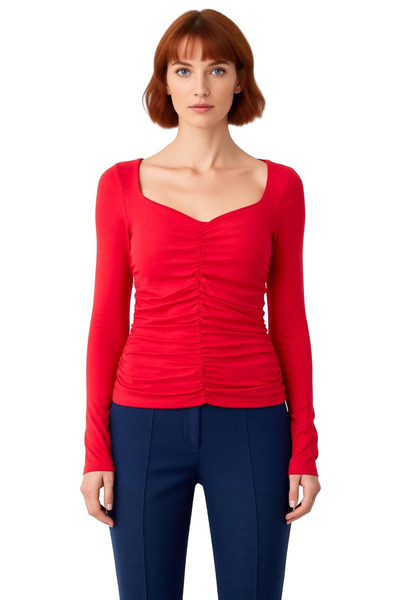 PayBuy Women's V-Neck Gathered Long Sleeve Stretchy Knitted Quality Stylish Comfortable Modern Elegant Casual