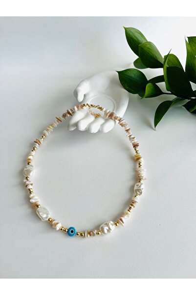 Fynbos Gerçek Doğal Taşlı İnci ve Nazar Boncuklu El Yapımı Kolye – Altın Deta...