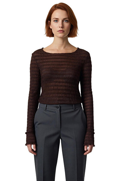 PayBuy Women's Burgundy Textured Seersucker Stretchy Knitted Blouse Crew Neck Long Sleeve Casual Daily Winter Comfortable Top