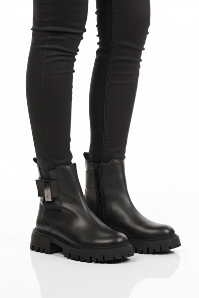 AYAKMOD Μαύρες γνήσιες δερμάτινες αντιολισθητικές γυναικείες μπότες με φλις εσωτερικά 23783-1 Z