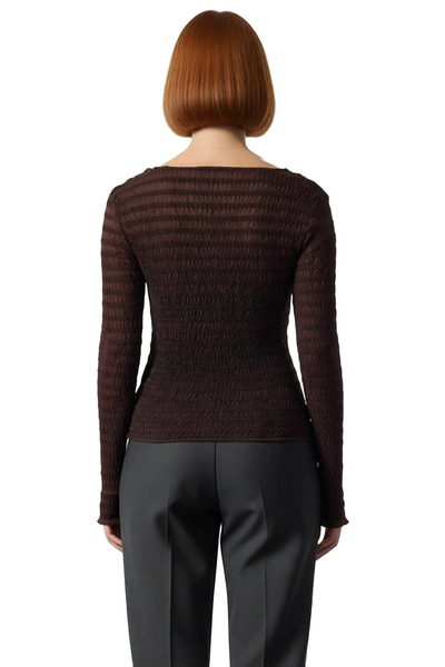 PayBuy Women's Burgundy Textured Seersucker Stretchy Knitted Blouse Crew Neck Long Sleeve Casual Daily Winter Comfortable Top