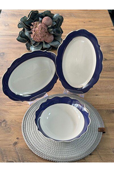 Meri Ev Gereçleri Dark Blue Striped Service Presentation Set 3 Pieces