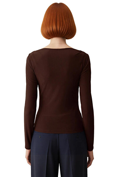 PayBuy Women's Burgundy Boat Neck Draped Fitted Stretchy Knitted Long Sleeve Blouse Smart Casual Daily and Evening