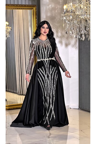 NHMODA Stone Embroidered Tulle Sleeves Satin Tail Detailed Mermaid Cut Evening Dress