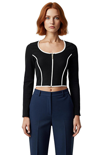 PayBuy Women's Color Block Ottoman Knitted Crop Blouse Zippered Pool Collar Standard Sleeve Daily Use