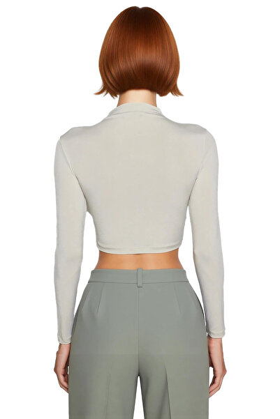 PayBuy Women's Burgundy Mock Neck Draped Long Sleeve Super Crop Knitted Blouse with Wrap Closure and Asymmetrical Silhouette