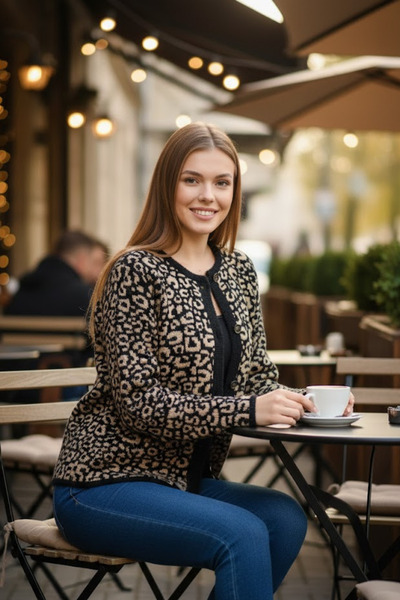 Marvine Women's Leopard Pattern Buttoned Knitwear Cardigan