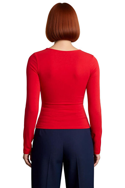 PayBuy Women's Burgundy Square Neck Fitted Long Sleeve Blouse Stretch Fabric Combed Cotton Single Jersey Woven for Winter Casual Wear