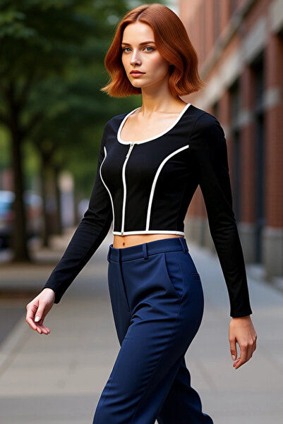 PayBuy Women's Color Block Ottoman Knitted Crop Blouse Zippered Pool Collar Standard Sleeve Daily Use