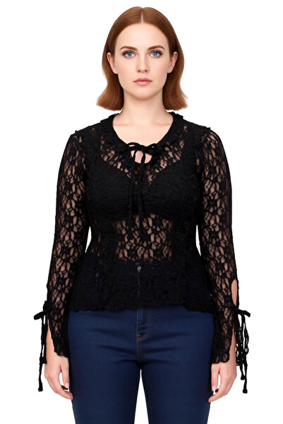 PayBuy Women's Lace Detailed V-Neck Long Sleeve Knitted Blouse Quality Stylish Comfortable Modern Elegant Daily