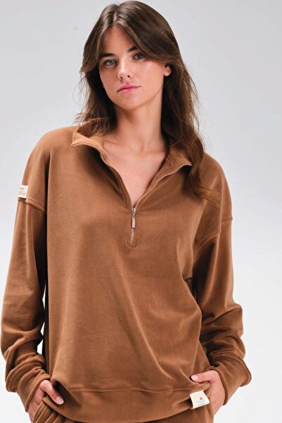 Zeyland Women's Long Sleeve Half Zip Flared Brown Fleece Tracksuit Suit C4T2N1