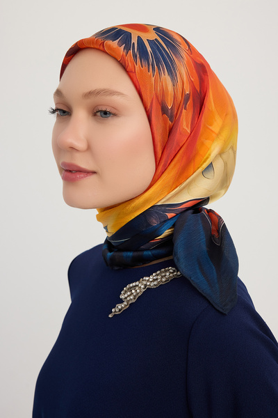 ipekistanbul Eșarfă Janjan cu model Aurora - Floare de soare - Bleumarin