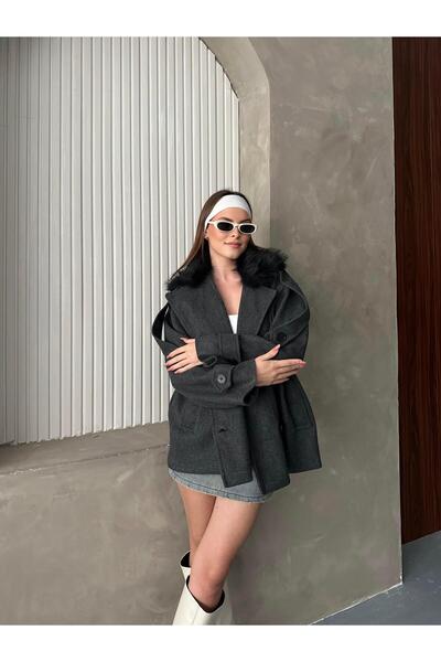 FERZOLAİO Furry Modern Anthracite Cashmere Coat