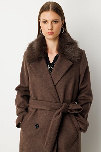 Ekol Sheepskin Collar Waist Belted Coat
