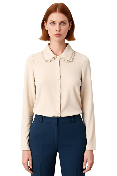 PayBuy Γυναικείο πλεκτό μπλουζάκι με γιακά πόλο με κουμπιά, ελαστικό πλεκτό μπλουζάκι με λεπτομέρεια από δαντέλα στο γιακά, ποιοτικό, κομψό, άνετο, μοντέρνο και κομψό