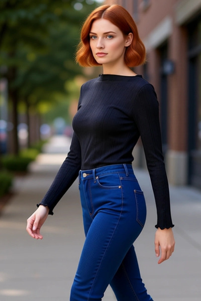 PayBuy Νεαρή γυναίκα που εφαρμόζει μακρυμάνικο πλεκτό μπλουζάκι με λαιμόκοψη,...