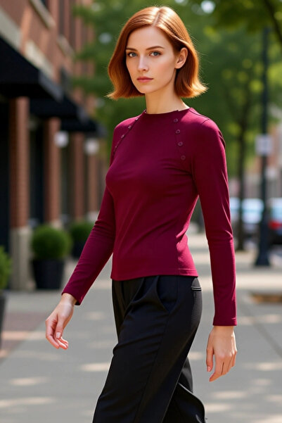 PayBuy Femei guler ridicat cu buton detaliat mulat cu mânecă lungă din material subțire de calitate elegant confortabil modern elegant