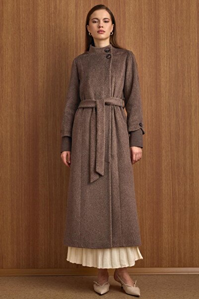 Olcay Hakim Yaka Ribana Detailed Long Moher Coat Latte 3160