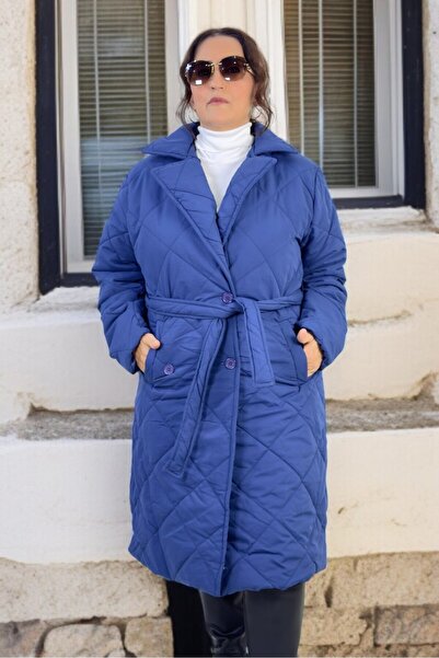 yagmurberen Belted Lining Double-Breasted Closing Large Size Quilted Long Coat