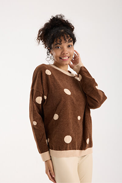 Moda Days Women's Brown Polka Dot Chenille Velvet Crew Neck Knitwear Sweater