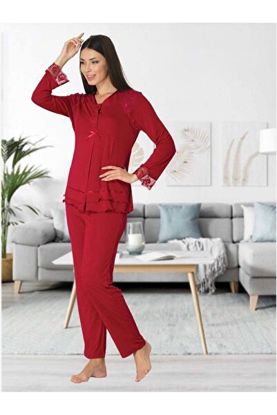 Lohusa Homewear Women's Fuchsia Long Sleeve Special Design Lace Detailed Maternity Pajama Set