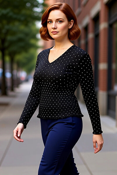 PayBuy Women's V-Neck Polka Dot Pattern Ribbed Knit Knitted Top Plus Size Quality Stylish Comfortable Modern Elegant