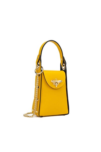 Posete Fagaras Lia Leather Purse - Yellow, 1 Compartment, Adjustable Strap ma...