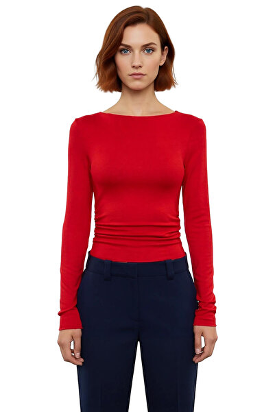 PayBuy Women's Fitted Viscose Ribbed Boat Neck Low Sleeve Ruched Detail Long Sleeve Knitted Blouse for Daily Wear