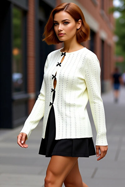 PayBuy Young Women Lace-Like Knit Detailed Ribbon Lace-Up Crew Neck Knitwear Quality Stylish Comfortable