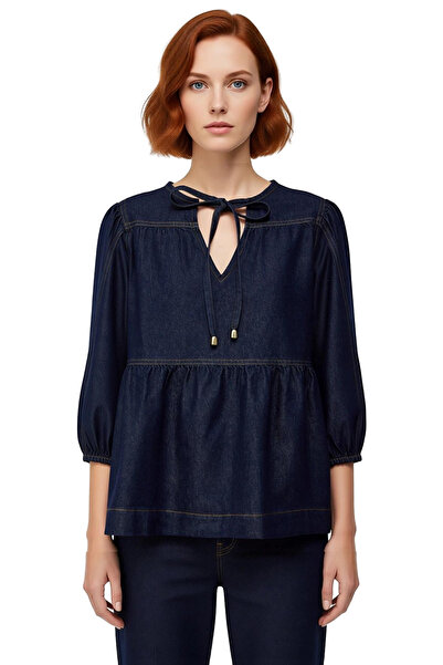 PayBuy Women's Cotton Denim Blouse Lace-Up Collar and Balloon Sleeve Detailed Quality Stylish Comfortable Modern Elegant