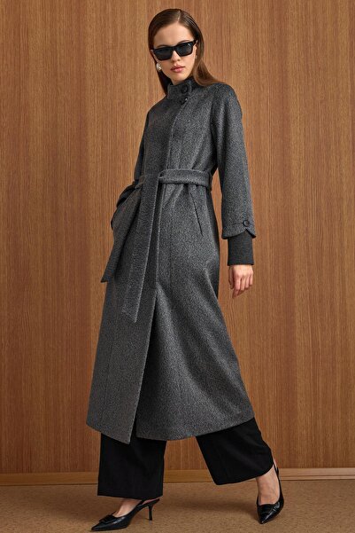 Olcay Hakim Ribbed Collar Detailed Long Mohair Coat Anthracite 3160