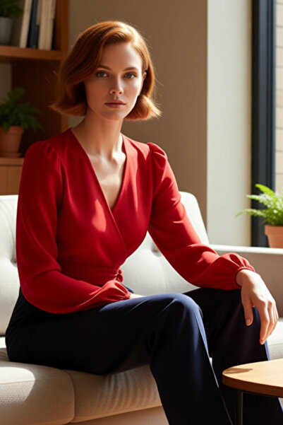 PayBuy Women's Ecru Double-Breasted Tie Detail V-Neck Balloon Sleeve Woven Blouse for Winter Business Use