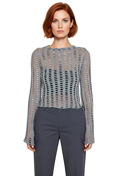 PayBuy Women's Regular Fit Spanish Sleeve Mesh Crew Neck Long Sleeve Crop Knitted Blouse Spring Autumn