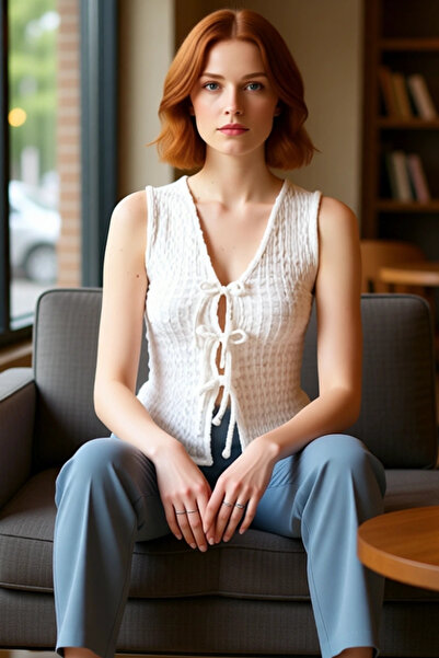 PayBuy Seersucker Knitted Blouse V Neck Lace up High Quality Perfect Fit for Summer Daily Wear