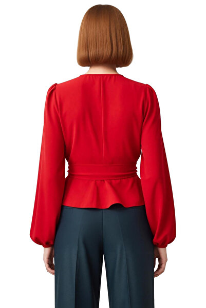 PayBuy Women's Ecru Double-Breasted Tie Detail V-Neck Balloon Sleeve Woven Blouse for Winter Business Use